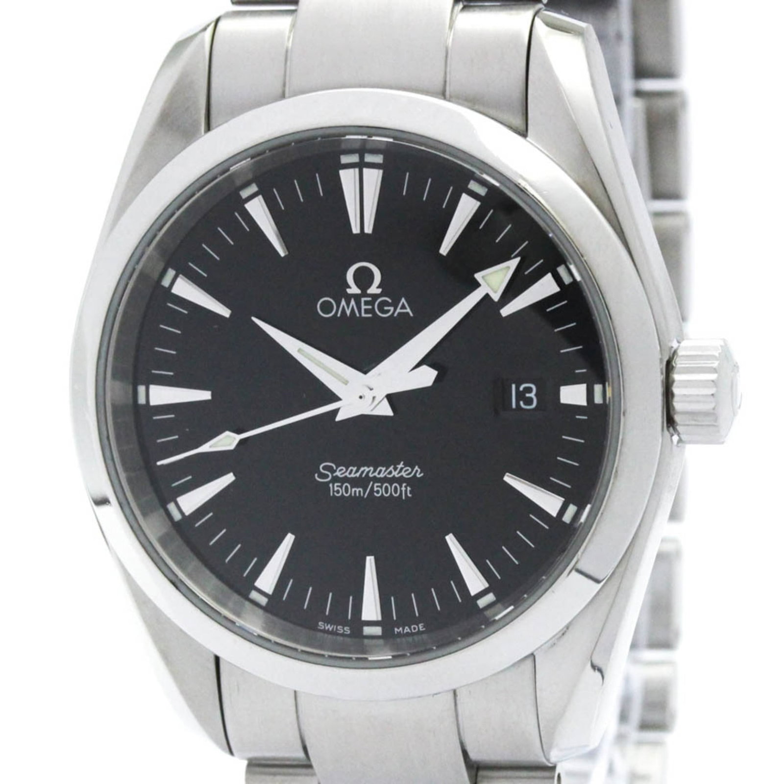 Wristwatch Omega: Wristwatch Omega A sleek and sporty Omega wristwatch, with a durable stainless steel case and band that's perfect for everyday wear. Its black dial provides a timeless contrast to the modern design, m