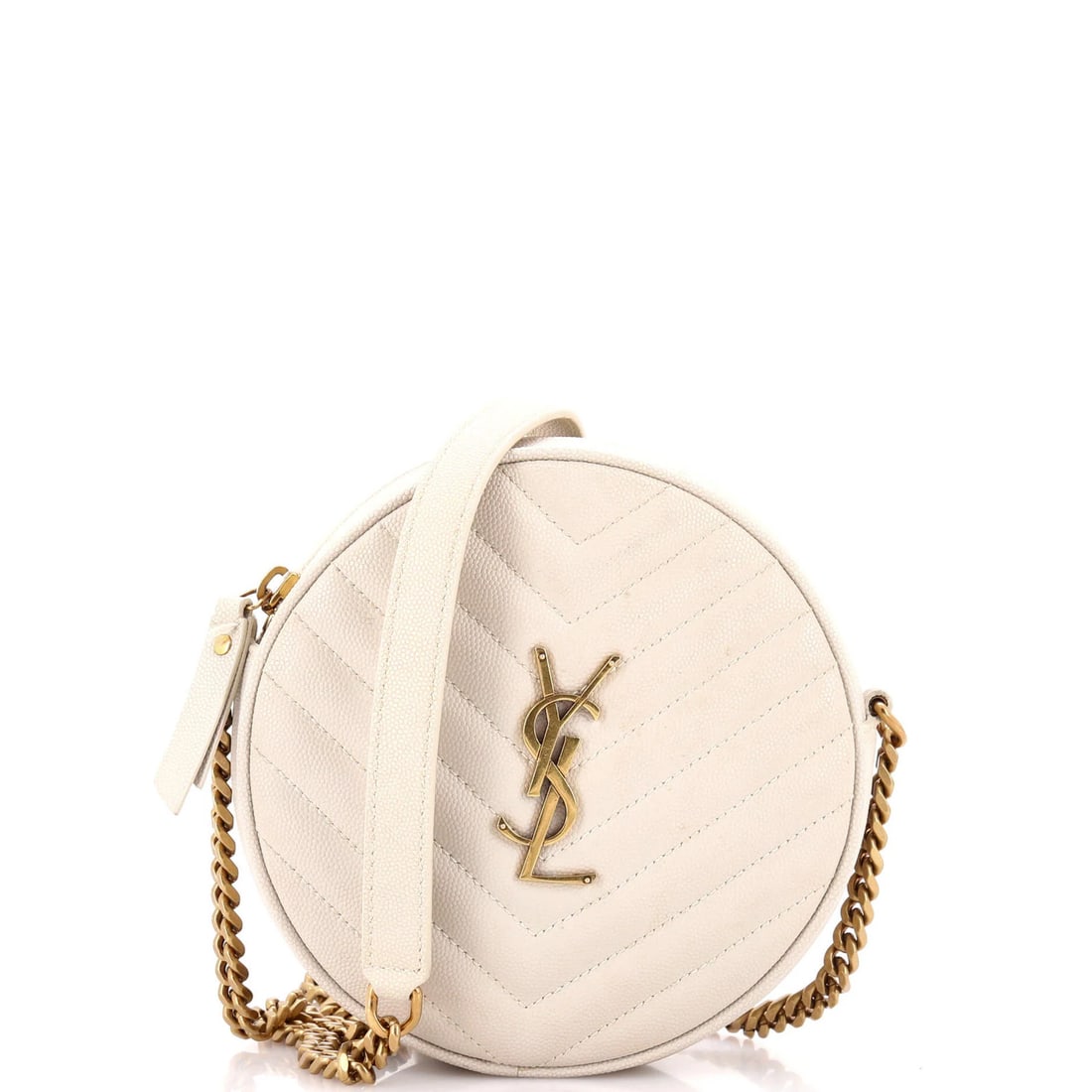 Leather Saint Laurent Vinyle Round Camera Bag Matelasse Chevron: Leather Saint Laurent Vinyle Round Camera Bag Matelasse Chevron A sleek and sophisticated Saint Laurent Vinyle Round Camera Bag, boasting a timeless neutral leather exterior with subtle matelasse Chev