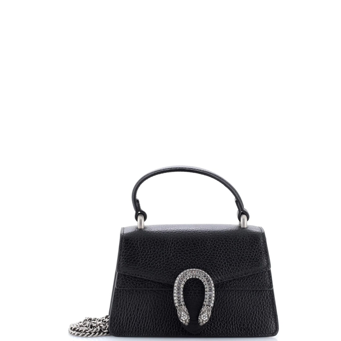 Mini Gucci Dionysus Top Handle Bag Leather with Crystals: Mini Gucci Dionysus Top Handle Bag Leather with Crystals Elevate your style with the iconic Gucci Dionysus Top Handle Bag, boasting sleek black crystal leather exterior and neutral interior. The bag's