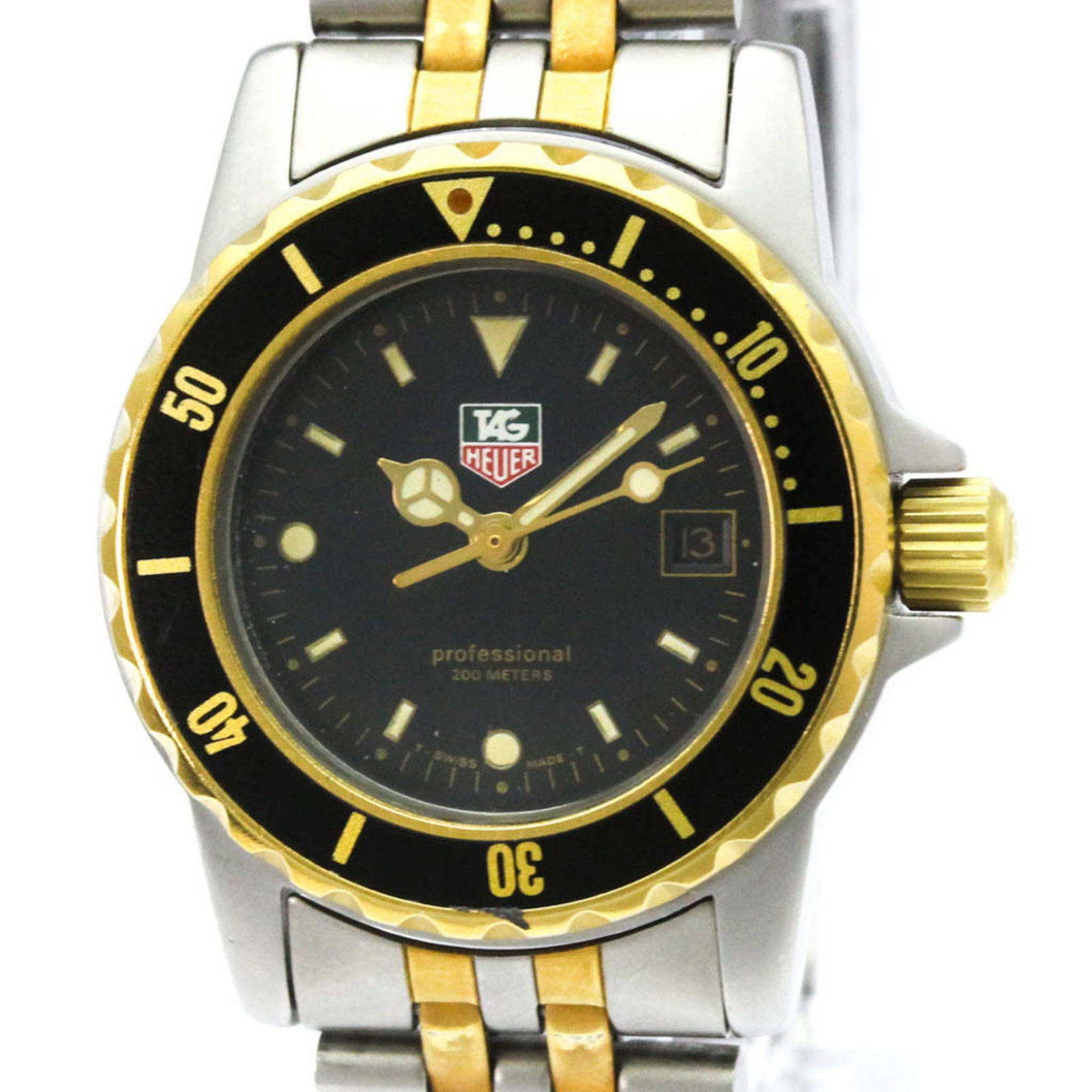 Wristwatch Tag Heuer: Wristwatch Tag Heuer A sleek and sporty timepiece, this gold-plated Tag Heuer wristwatch boasts a 28mm case diameter and black dial, perfect for making a statement. With its durable stainless steel co