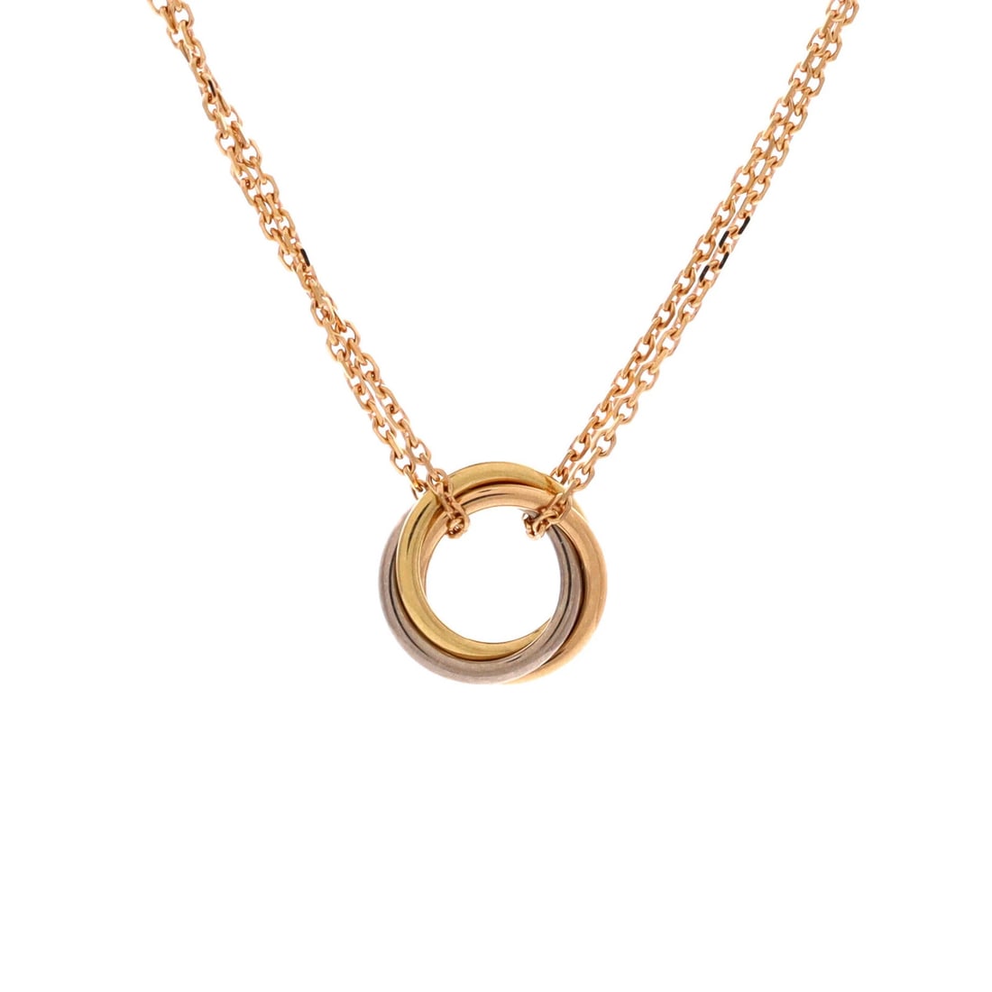 Cartier Trinity Choker Necklace in 18K Tricolor Gold: Cartier Trinity Choker Necklace in 18K Tricolor Gold Elevate your style with the iconic Cartier Trinity Choker Necklace, crafted from 18K tri-colored gold in a rich blend of pink, white, and yellow hu