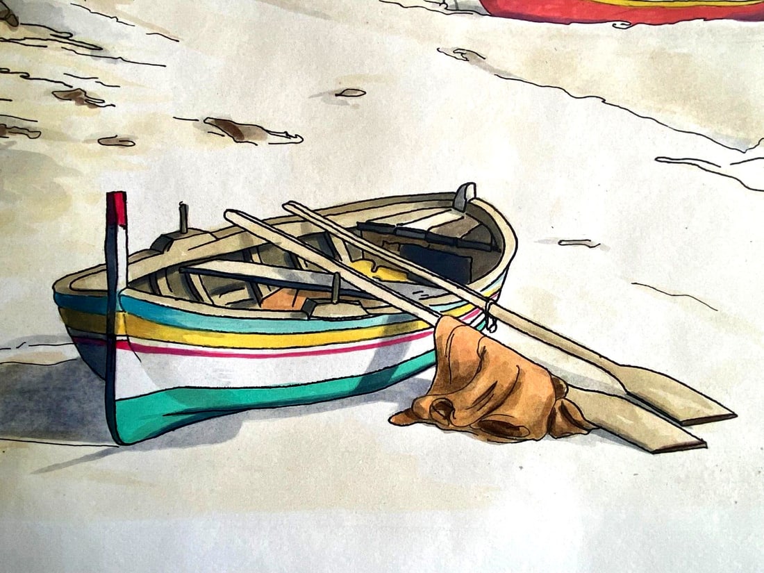 Painted Engraving Authenticated 60X80 - Aldo Riso ''Fishermen's Boats'': Painted Engraving Authenticated 60X80 - Aldo Riso ''Fishermen's Boats'' Authentic Italian art awaits with this stunning 60x80 cm painted engraving by master Aldo Riso, titled "Fishermen's Boats". In p