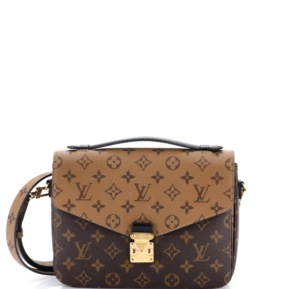 Louis Vuitton Pochette Metis in Reverse Monogram Canvas: Louis Vuitton Pochette Metis in Reverse Monogram Canvas Experience the timeless elegance of Louis Vuitton's Pochette Metis, a stylish cross-body bag in rich brown Reverse Monogram Canvas. With its sle