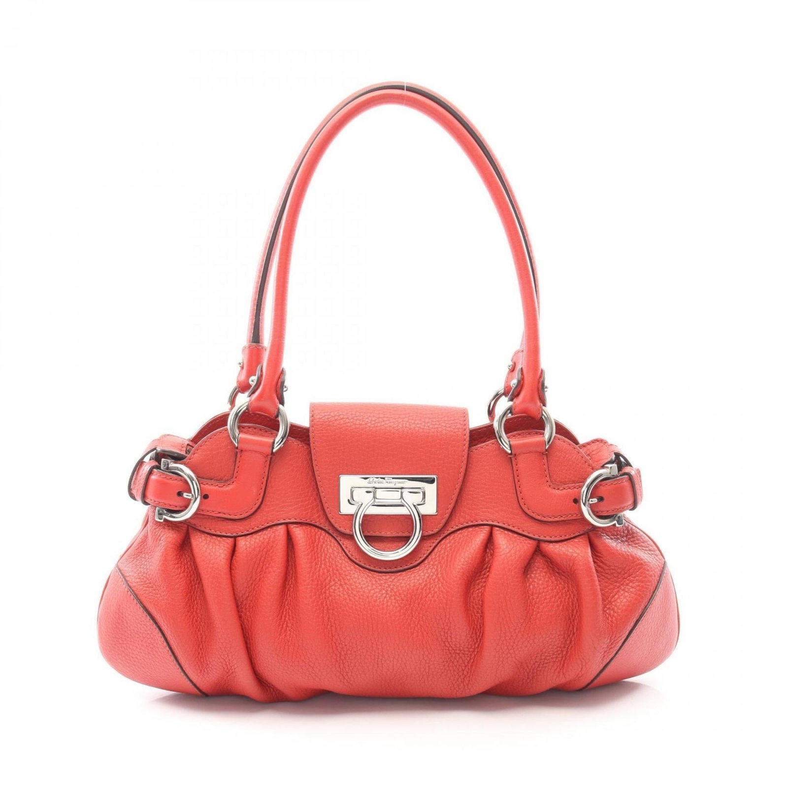 Salvatore Ferragamo Leather Handbag: Salvatore Ferragamo Leather Handbag A vibrant red leather handbag from the iconic Salvatore Ferragamo brand, boasting classic Italian style with a timeless design that exudes sophistication and elegan