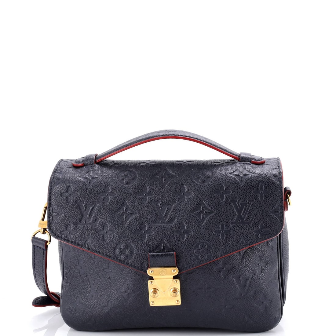 Leather Louis Vuitton Pochette Metis Monogram Empreinte: Leather Louis Vuitton Pochette Metis Monogram Empreinte A stunning Louis Vuitton Pochette Metis Monogram Empreinte in rich blue leather, this iconic cross-body bag boasts the signature LV monogram pat