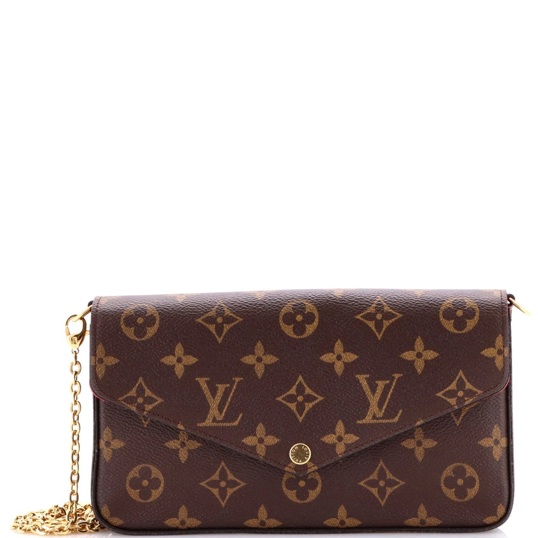 Canvas Louis Vuitton Felicie Pochette Monogram: Canvas Louis Vuitton Felicie Pochette Monogram A rare and iconic Louis Vuitton Felicie Pochette Monogram canvas bag, boasting the signature LV monogram pattern on its brown exterior. With its classic