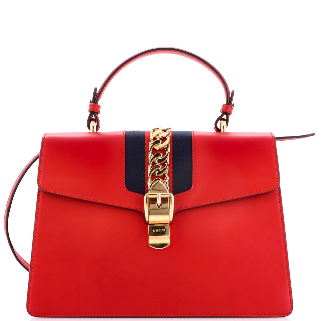 Gucci Sylvie Top-Handle Bag in Medium Leather: Gucci Sylvie Top-Handle Bag in Medium Leather Experience the iconic style of Gucci's Sylvie Top-Handle Bag, boasting sleek red leather and gold hardware that adds a touch of sophistication to any outf