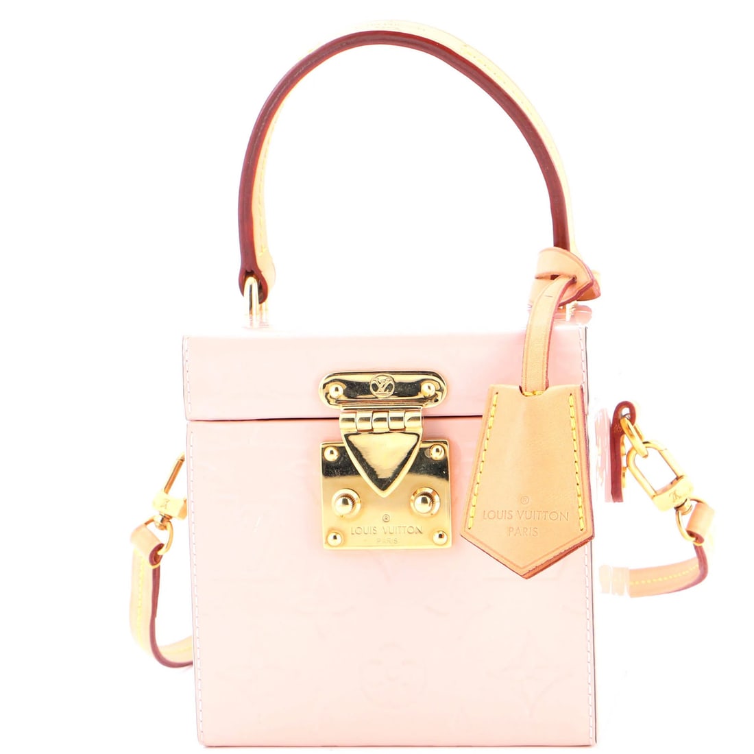 Louis Vuitton Bleecker Box Bag in Monogram Vernis: Louis Vuitton Bleecker Box Bag in Monogram Vernis "Elevate your style with the iconic Louis Vuitton Bleecker Box Bag in Monogram Vernis, boasting a striking gold and pink color palette that adds a tou