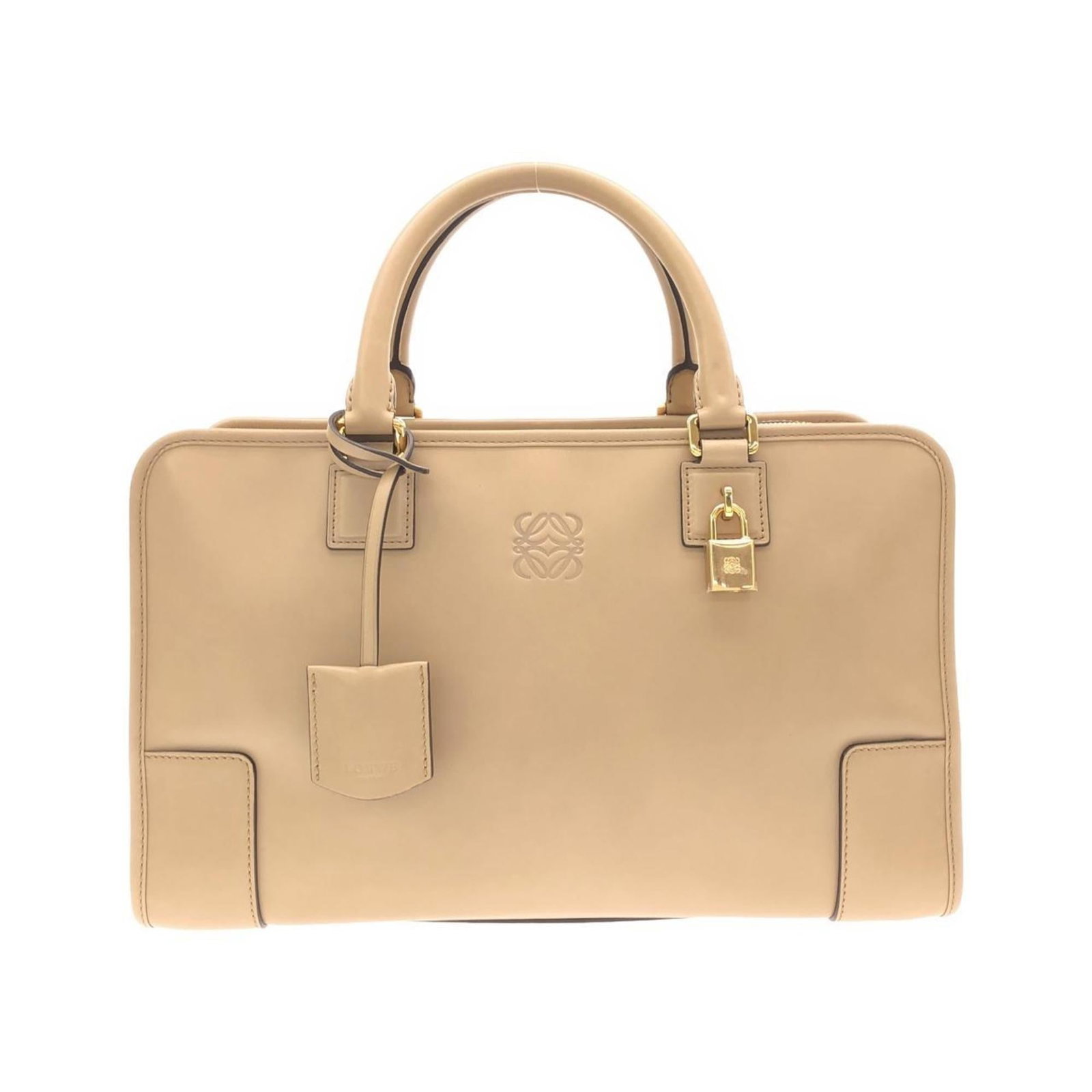 Loewe Leather Handbag: Loewe Leather Handbag A timeless Loewe classic, this beautifully crafted beige leather handbag boasts elegant gold hardware and premium calfskin material, exuding sophistication and refinement. With i