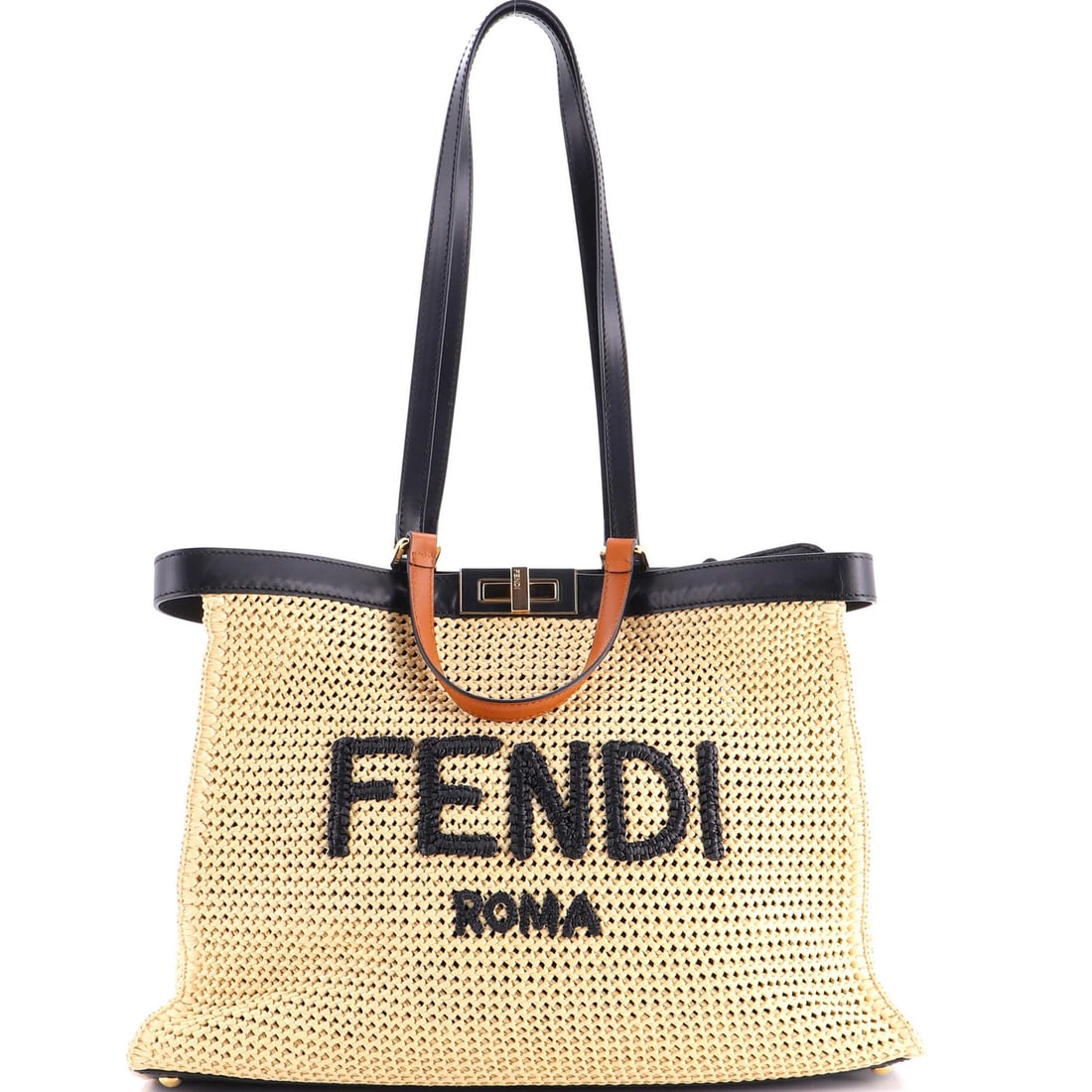 Medium Fendi Peekaboo X-Tote Raffia: Medium Fendi Peekaboo X-Tote Raffia Elevate your everyday style with the iconic Fendi Peekaboo X-Tote Raffia, boasting a neutral exterior and luxurious leather interior. The medium size and gold hardw