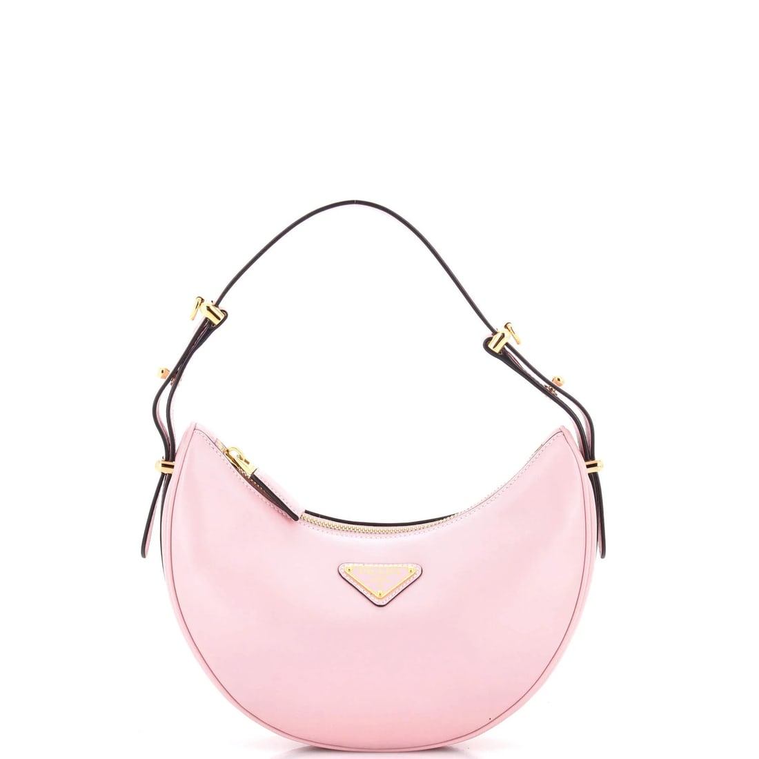 Small Prada Arque Half Moon Hobo Leather: Small Prada Arque Half Moon Hobo Leather A stunning Small Prada Arque Half Moon Hobo Leather bag, boasting sleek pink exterior leather and elegant gold hardware, is up for grabs. With its classic desi