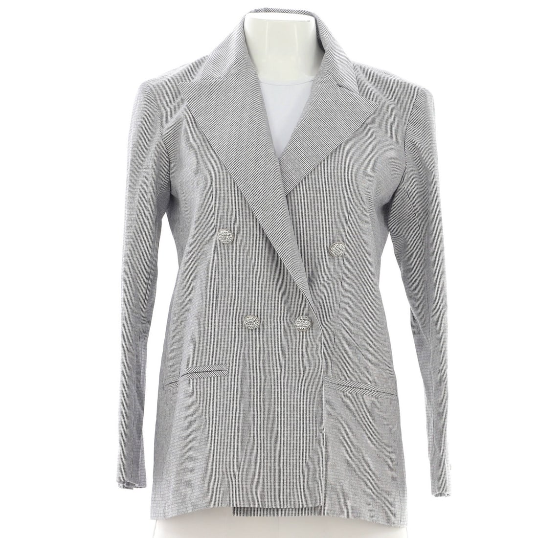 Chanel Women's Cotton Double-Breasted Button Blazer: Chanel Women's Cotton Double-Breasted Button Blazer Elevate your wardrobe with the timeless charm of Chanel's cotton double-breasted button blazer. Crafted from high-quality cotton and adorned with el