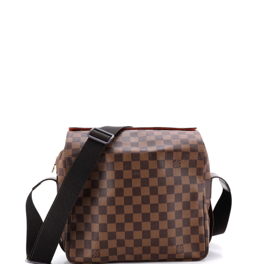 Louis Vuitton Damier Naviglio Handbag: Louis Vuitton Damier Naviglio Handbag Experience the timeless elegance of Louis Vuitton's iconic Damier Naviglio handbag, boasting a rich brown canvas exterior with gold hardware and a vibrant red int