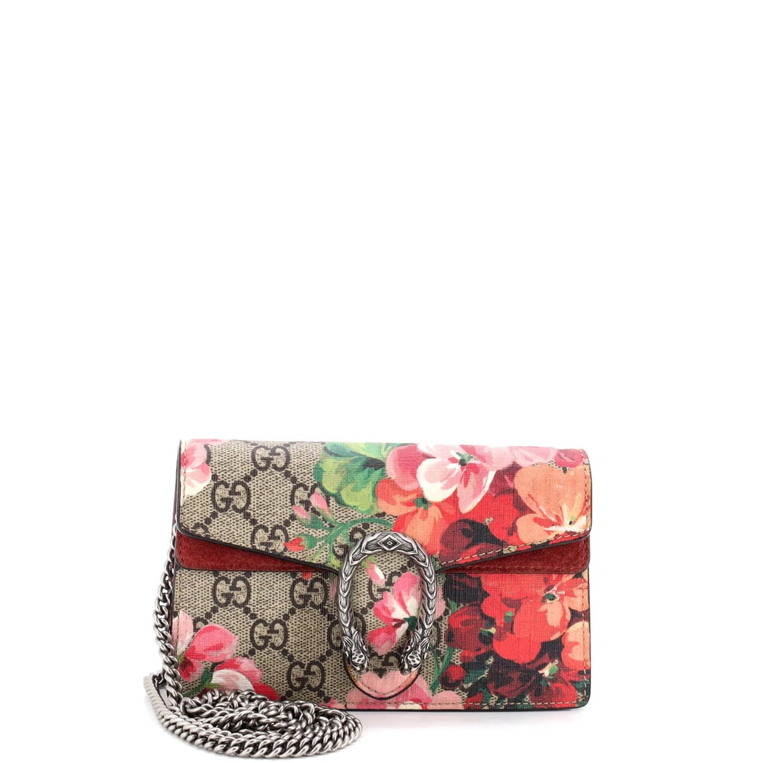 Gucci Dionysus Super Mini Bag with Blooms Print and GG Coated Canvas: Gucci Dionysus Super Mini Bag with Blooms Print and GG Coated Canvas The Gucci Dionysus Super Mini Bag is a stylish and compact accessory that exudes luxury, boasting the iconic GG Coated Canvas with