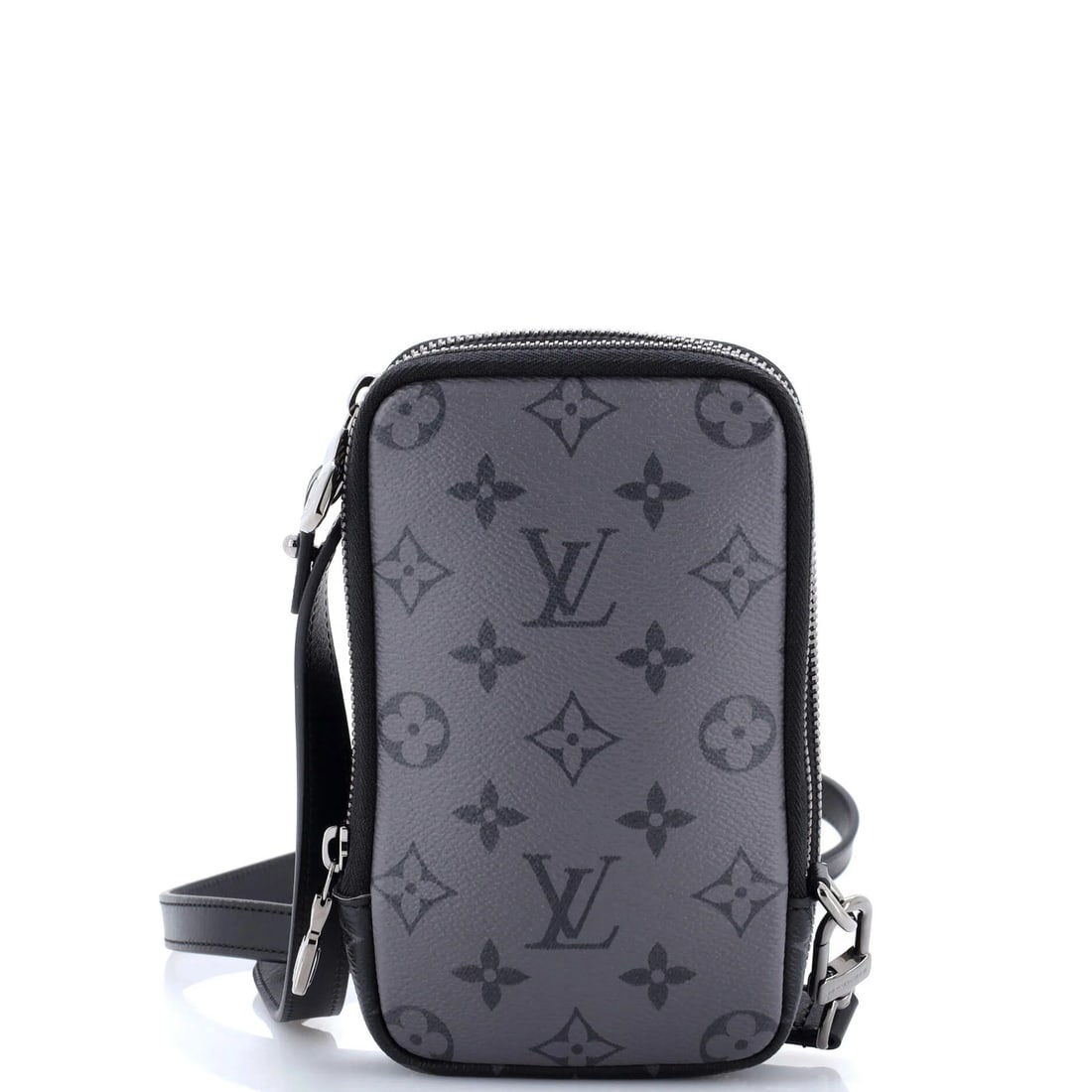 Louis Vuitton Double Phone Pouch in Reverse Monogram Eclipse Canvas: Louis Vuitton Double Phone Pouch in Reverse Monogram Eclipse Canvas Elevate your everyday with the iconic Louis Vuitton Double Phone Pouch in Reverse Monogram Eclipse Canvas, a stylish and practical a