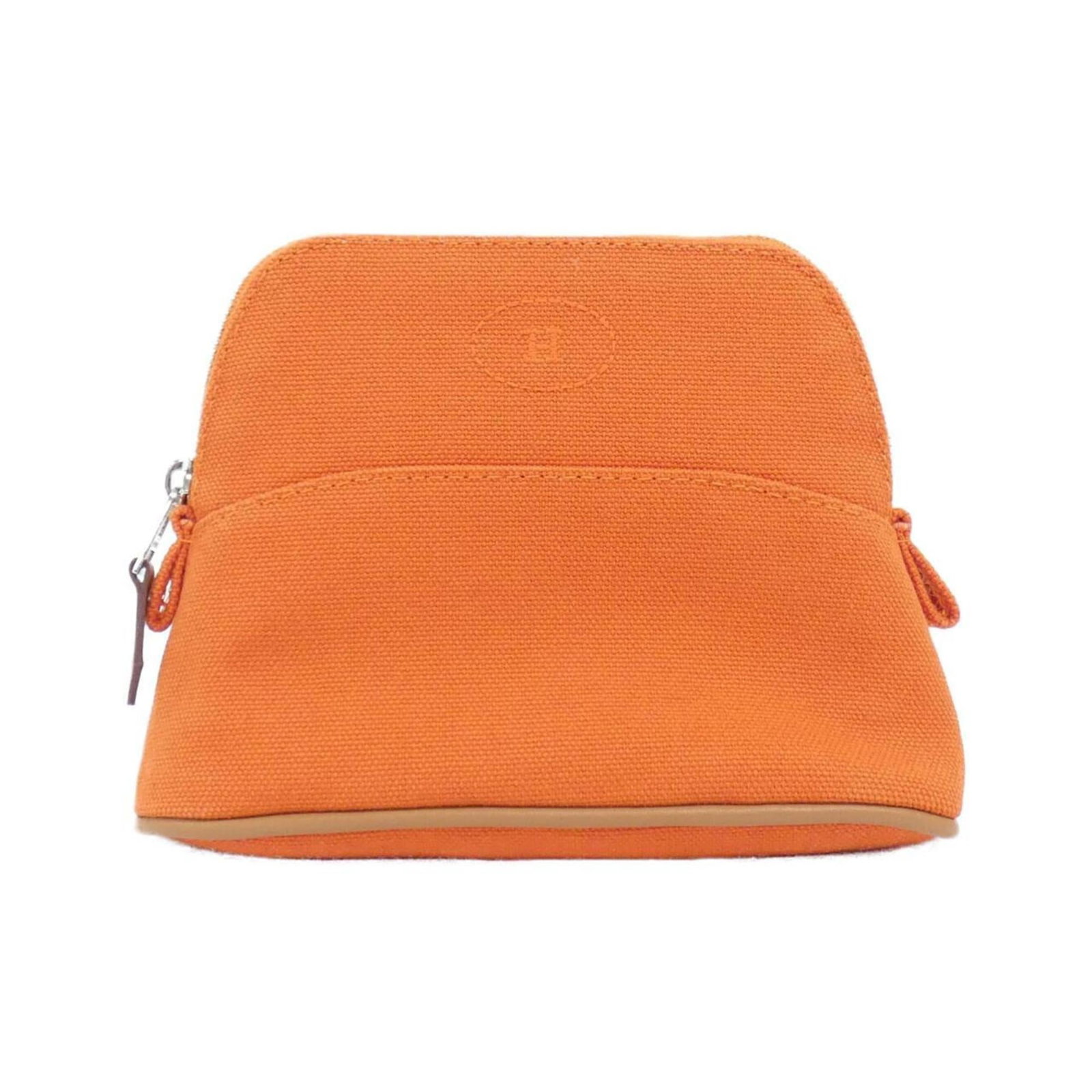 Hermes Canvas Pouch: Hermes Canvas Pouch A vibrant and stylish canvas pouch from the iconic French brand Hermes, boasting a unique Feu, Orange hue that adds a pop of color to any outfit. With its sleek silver hardware and