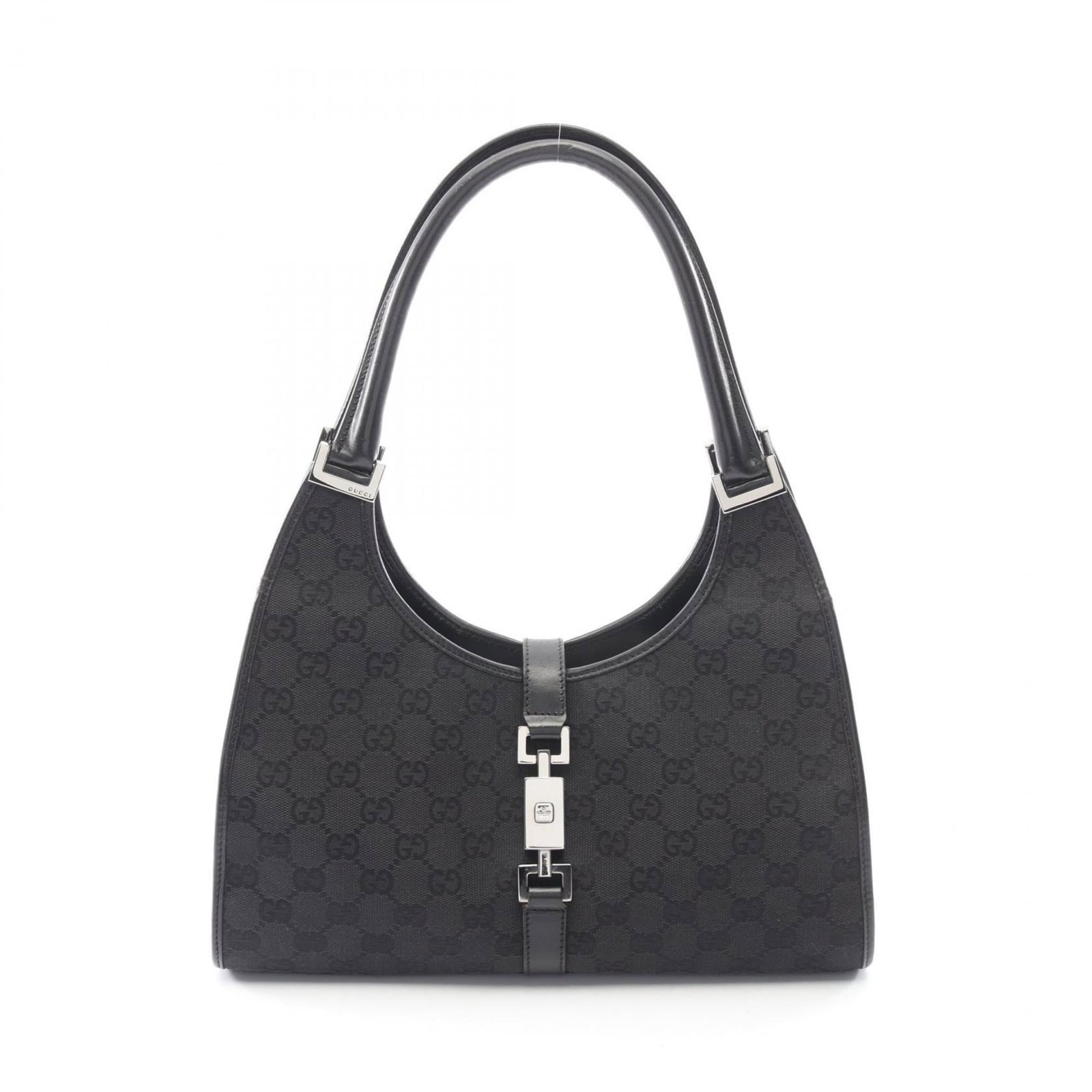 Gucci Canvas Leather Shoulder Bag: Gucci Canvas Leather Shoulder Bag A sleek and sophisticated Gucci canvas leather shoulder bag, perfect for adding an air of effortless chic to any outfit. With its classic black hue and timeless desig