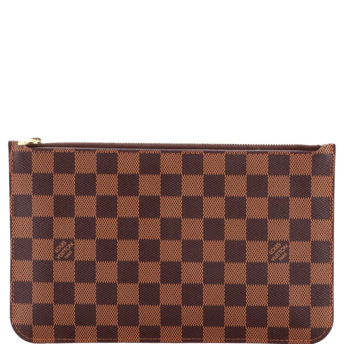 Louis Vuitton Neverfull Pochette in Large Damier: Louis Vuitton Neverfull Pochette in Large Damier The iconic Louis Vuitton Neverfull Pochette in Damier is a timeless classic, boasting the signature brown canvas exterior and striking red interior. Wi