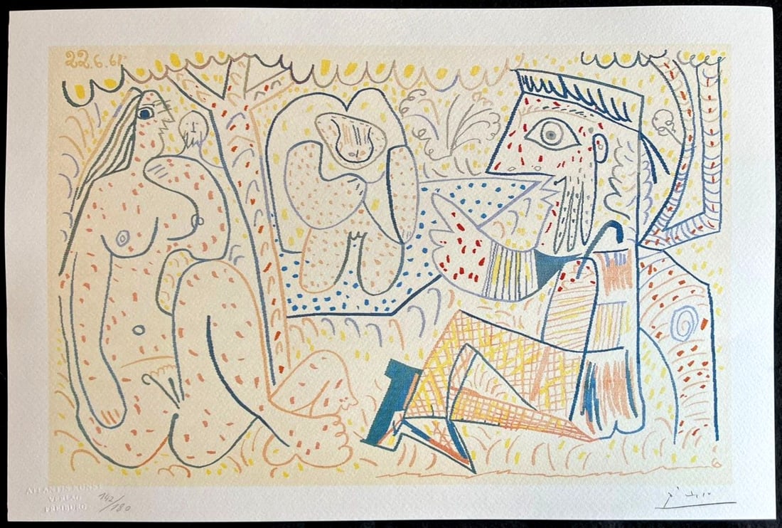 Picasso Pablo: Picasso Pablo Own a stunning piece of Cubist art, "Breakfast on the grass (tribute to Renoir)" by Pablo Picasso, created in 1978. This medium-sized print showcases the artist's signature style and pay