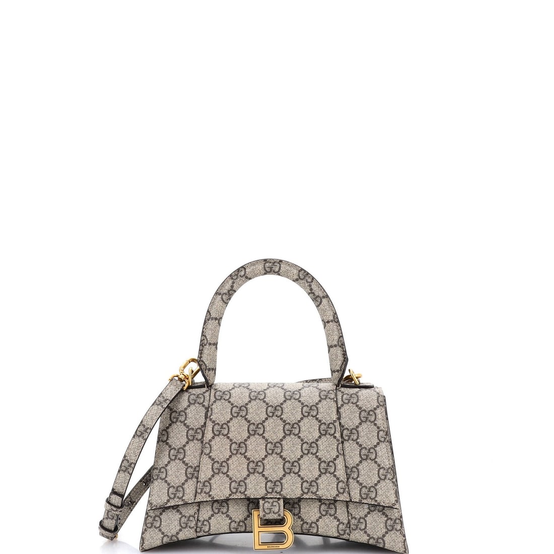 Gucci x Balenciaga Hacker Project Hourglass Top Handle GG Coated Canvas Bag: Gucci x Balenciaga Hacker Project Hourglass Top Handle GG Coated Canvas Bag Experience the ultimate fusion of luxury and edginess with this Gucci x Balenciaga Hacker Project Hourglass Top Handle Bag.