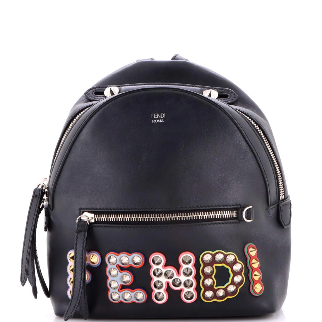 Mini Fendi By The Way Backpack Logo Studded Leather: Mini Fendi By The Way Backpack Logo Studded Leather Elevate your style with the iconic Fendi By The Way Backpack Logo Studded Leather mini backpack, boasting sleek black leather exterior adorned with