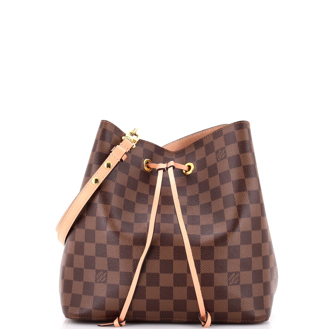 Louis Vuitton NeoNoe Handbag in Damier Leather MM: Louis Vuitton NeoNoe Handbag in Damier Leather MM The Louis Vuitton NeoNoe Handbag in Damier Leather MM is a timeless classic with its iconic bucket shape and signature brown canvas exterior, adorned