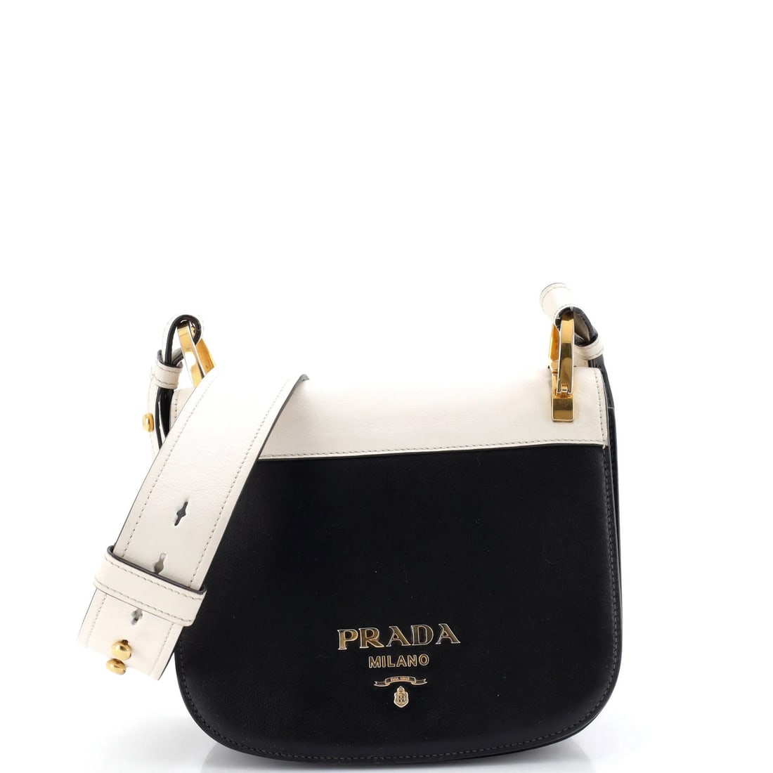 Prada Pionniere Saddle Crossbody Bag in Small Calfskin: Prada Pionniere Saddle Crossbody Bag in Small Calfskin A sleek and sophisticated Prada Pionniere Saddle Crossbody Bag in black calfskin leather, boasting a timeless design with a small size that makes