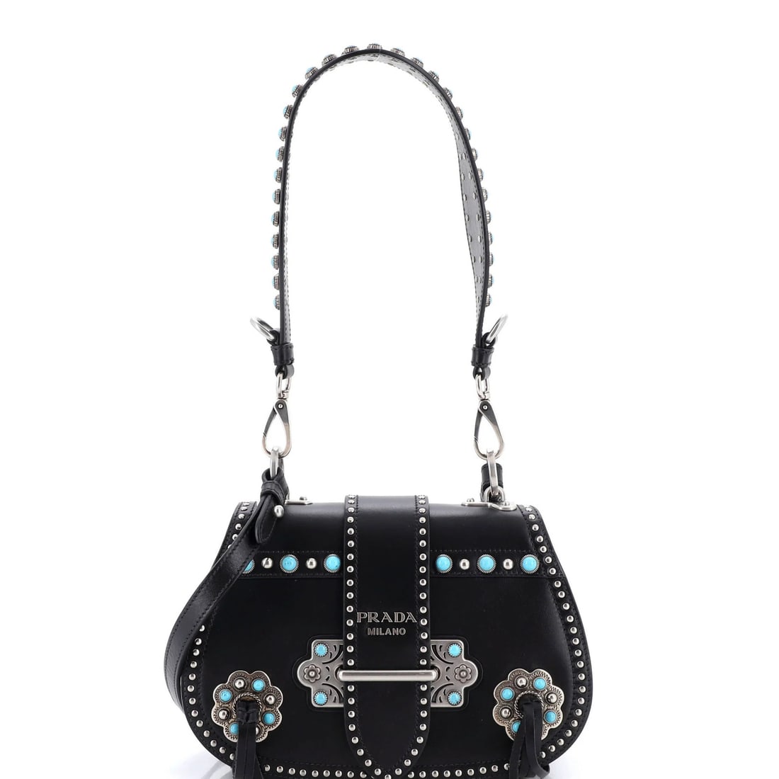 Prada Folk Saddle Shoulder Bag in Embellished Leather with Fringe - Medium: Prada Folk Saddle Shoulder Bag in Embellished Leather with Fringe - Medium The Prada Folk Saddle Shoulder Bag is a statement piece, boasting embellished leather and fringe details that add an edgy tou