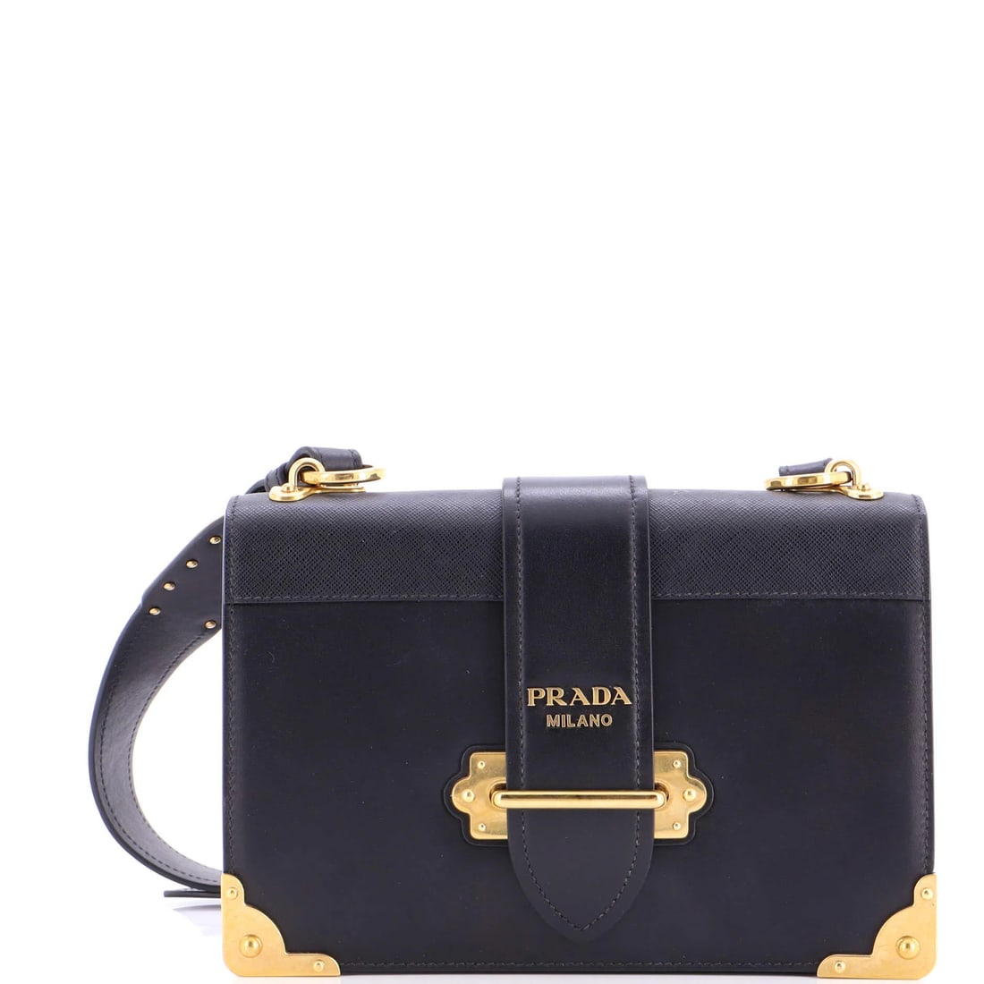 Prada Cahier Large Saffiano Leather Crossbody Bag: Prada Cahier Large Saffiano Leather Crossbody Bag Experience the timeless elegance of Prada's Cahier Large Saffiano Leather Crossbody Bag, boasting premium black leather and aged gold hardware for a s