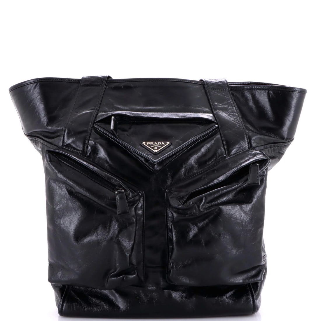 Prada Triple Front Pocket Tote in Leather Tall: Prada Triple Front Pocket Tote in Leather Tall Elevate your daily style with the sleek and sophisticated Prada Triple Front Pocket Tote in Leather Tall. This versatile tote boasts triple front pockets