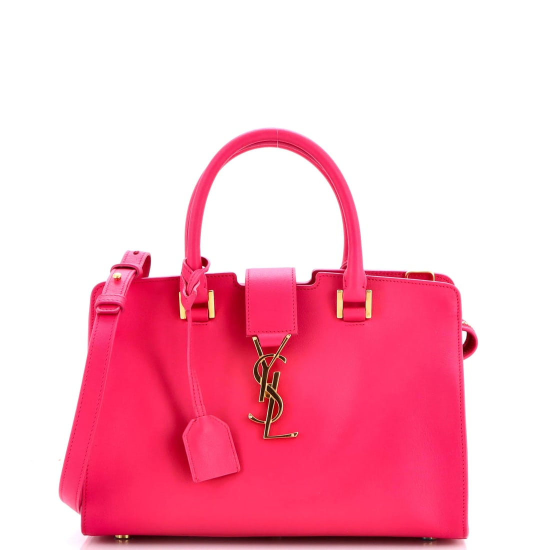 Baby Saint Laurent Monogram Cabas Leather: Baby Saint Laurent Monogram Cabas Leather A stylish and versatile baby Saint Laurent Monogram Cabas Leather satchel, boasting the iconic interlocking "SL" monogram in a vibrant pink hue. With its spac