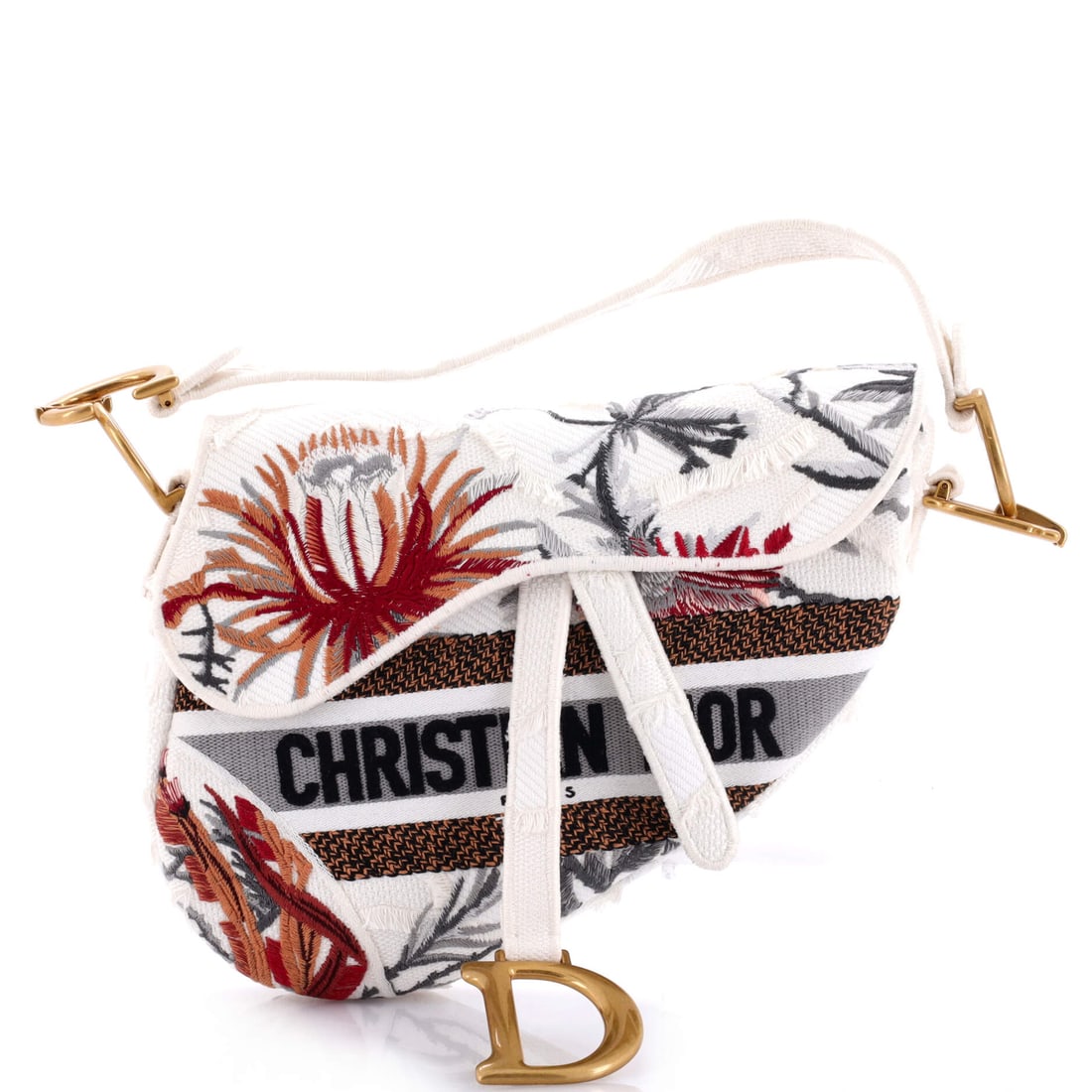 Christian Dior Saddle Bag with Logo Embroidered Canvas Medium: Christian Dior Saddle Bag with Logo Embroidered Canvas Medium The iconic Christian Dior Saddle Bag is a timeless classic, boasting its signature logo embroidered canvas exterior in crisp white print.