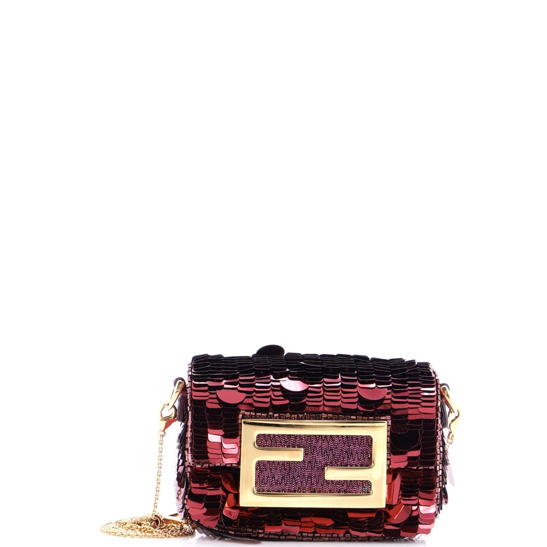 Nano Fendi Chain Baguette Charm Bag Sequins: Nano Fendi Chain Baguette Charm Bag Sequins Add a touch of luxury to your accessories with the Nano Fendi Chain Baguette Charm Bag Sequins, a vibrant red sequin bag that shines bright. Its sleek nano