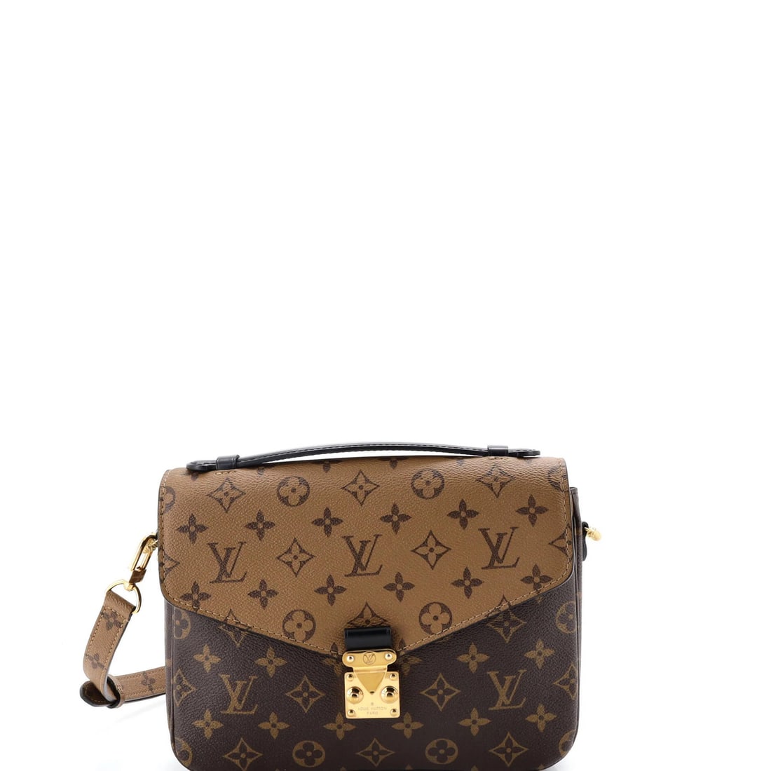 Louis Vuitton Pochette Metis in Reverse Monogram Canvas: Louis Vuitton Pochette Metis in Reverse Monogram Canvas Experience the timeless elegance of Louis Vuitton's Pochette Metis, a stylish cross-body bag in rich brown Reverse Monogram Canvas. With its sle