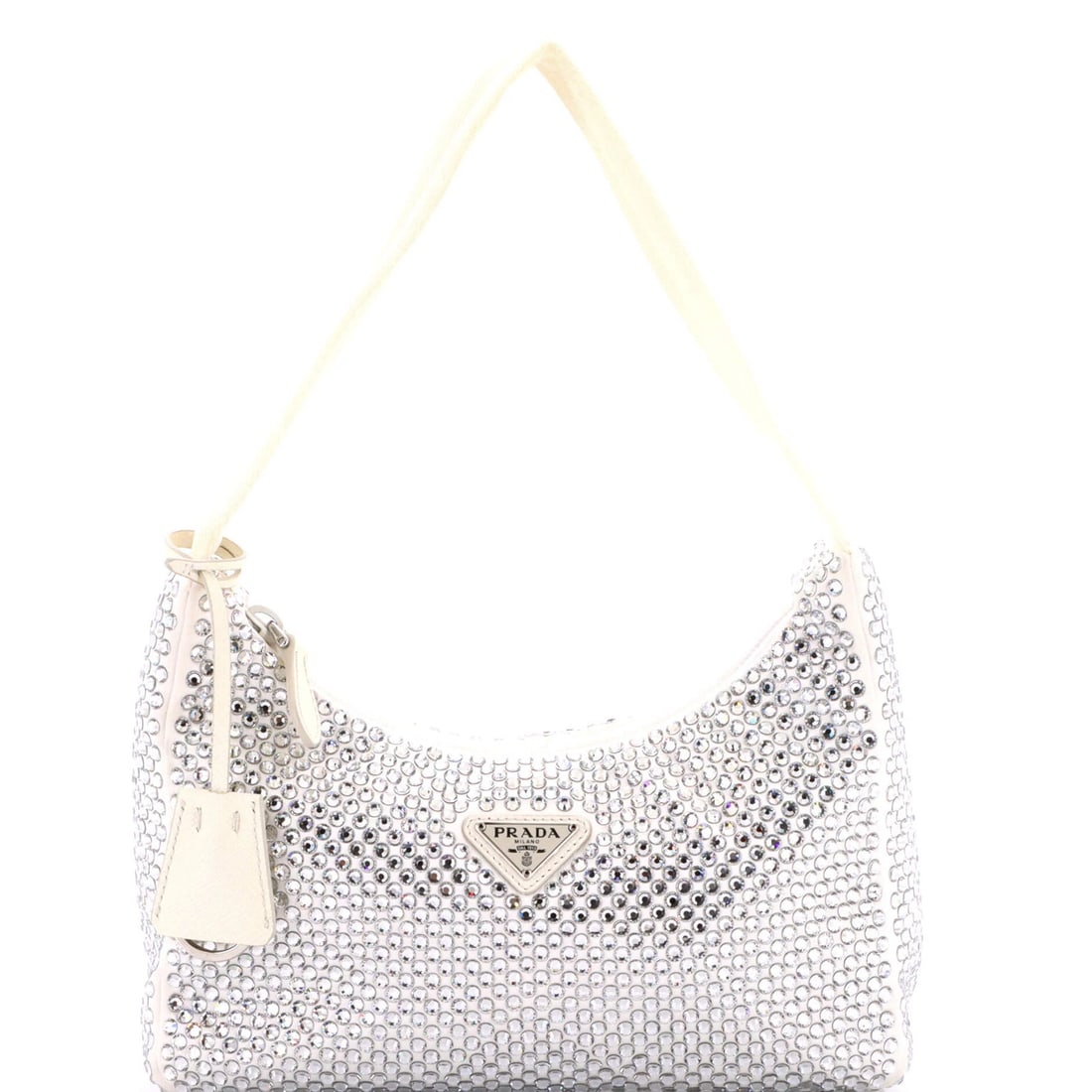 Mini Prada Re-Edition 2000 Hobo Crystal Embellished Satin: Mini Prada Re-Edition 2000 Hobo Crystal Embellished Satin Experience the epitome of luxury with this exquisite Mini Prada Re-Edition 2000 Hobo Crystal Embellished Satin. Crafted from crystal satin