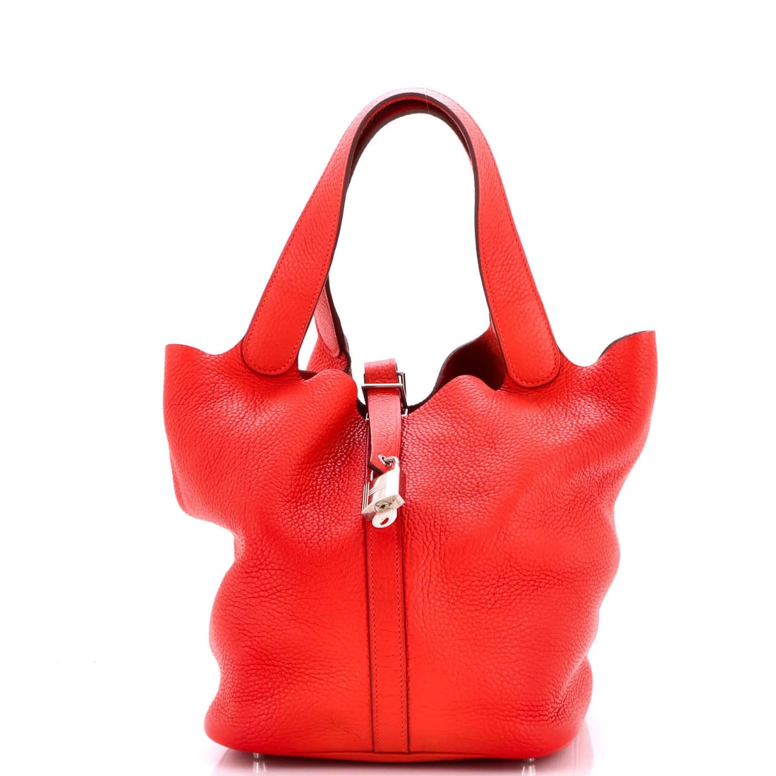 GM Hermes Picotin Lock Bag Clemence: GM Hermes Picotin Lock Bag Clemence The iconic Herm?s Picotin Lock Bag Clemence is a timeless classic, boasting sleek red leather exterior and raw red interior, adorned with palladium hardware. Its st