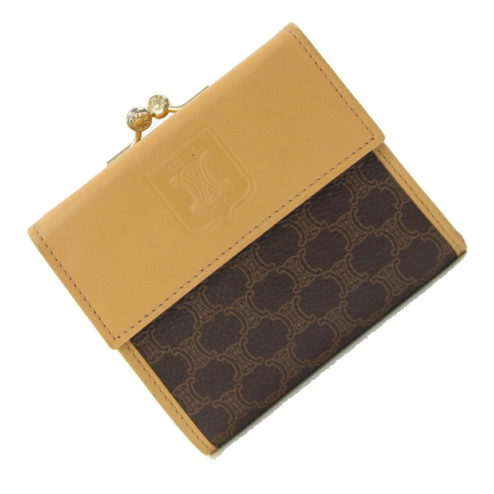 Celine Bi-Fold Leather Wallet with PVC: Celine Bi-Fold Leather Wallet with PVC A pre-owned Celine bi-fold leather wallet with PVC, offering a sleek and sophisticated design. The beige and dark brown color combination adds a touch of eleganc