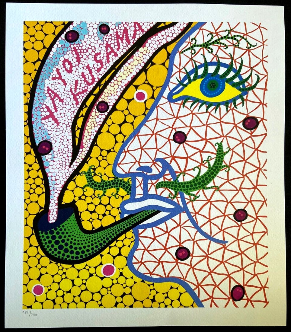 200 Yayoi Kusama Lithograph: Mori Art Museum limited numbered: 200 Yayoi Kusama Lithograph: Mori Art Museum limited numbered Own a rare and unique piece of art with this limited edition lithograph by Yayoi Kusama, created in collaboration with the Mori Art Museum