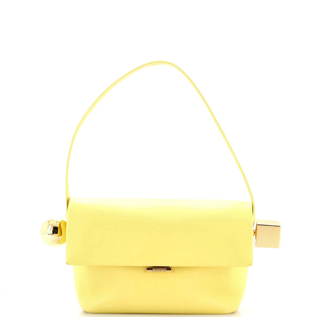 Jacquemus La Pochette Rond Clutch Bag in Leather: Jacquemus La Pochette Rond Clutch Bag in Leather The Jacquemus La Pochette Rond Clutch Bag is a vibrant and stylish accessory that shines with its bright yellow leather exterior, perfectly