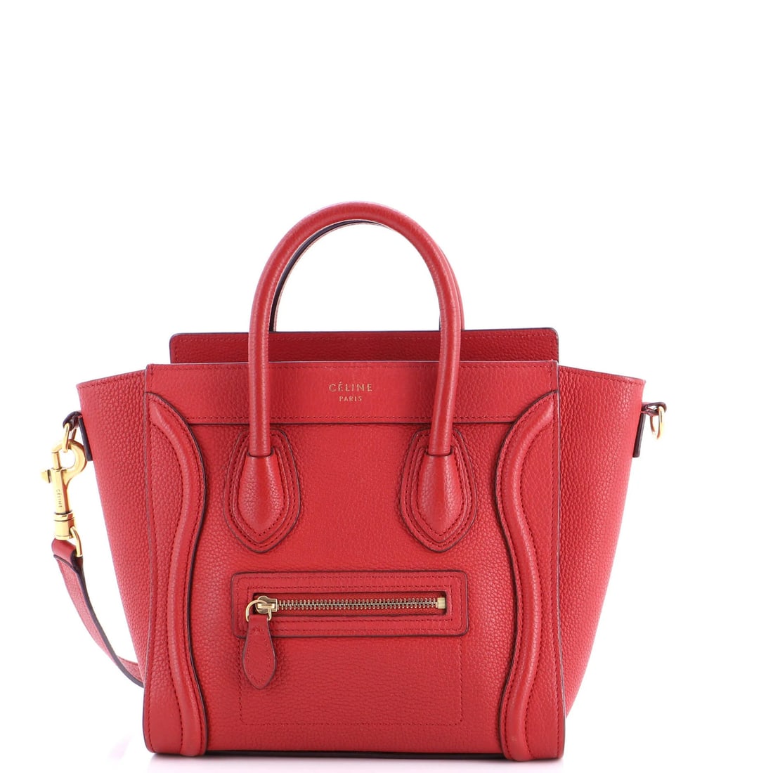 Celine Nano Grainy Leather Luggage Bag: Celine Nano Grainy Leather Luggage Bag Experience the perfect blend of style and functionality with this Celine Nano Grainy Leather Luggage Bag, boasting sleek red exterior and luxurious suede interio