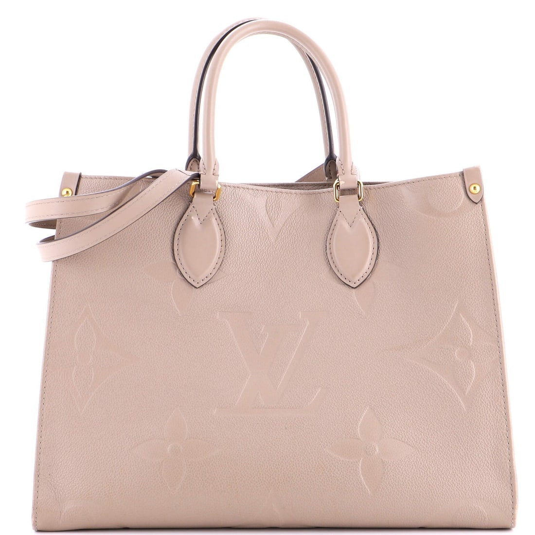 MM Louis Vuitton OnTheGo Tote Monogram Empreinte Giant: MM Louis Vuitton OnTheGo Tote Monogram Empreinte Giant Experience the iconic style of Louis Vuitton's OnTheGo Tote, boasting the signature Monogram Empreinte Giant MM design on its neutral exterior. W