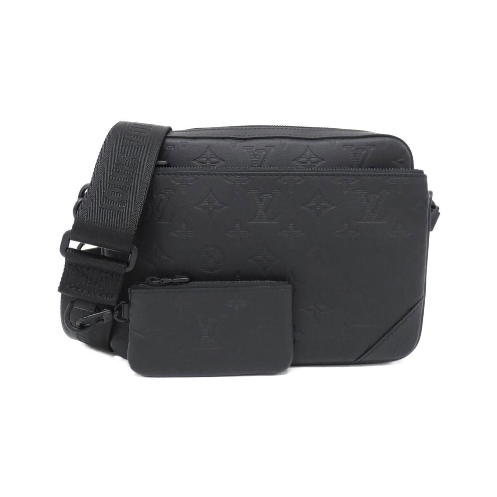 Louis Vuitton Leather Shoulder Pouch: Louis Vuitton Leather Shoulder Pouch A sleek and sophisticated shoulder pouch from the iconic Louis Vuitton brand, crafted from rich black calf leather with subtle scratches and wear that add to its v