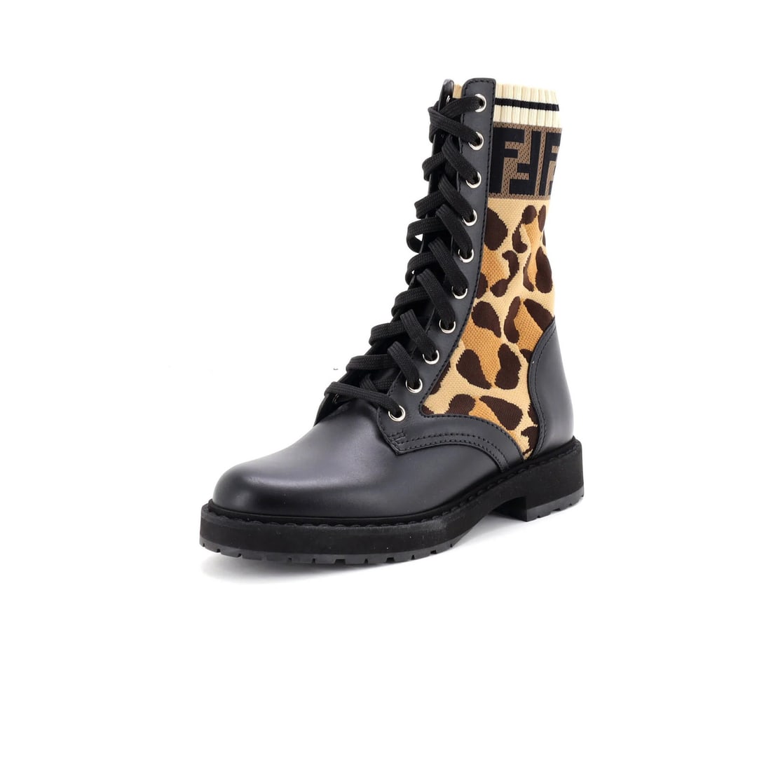 Fendi Women's Rockoko Combat Boots - Leather & Knit Stretch Fabric: Fendi Women's Rockoko Combat Boots - Leather & Knit Stretch Fabric Elevate your style with the iconic Fendi Rockoko Combat Boots, boasting sleek leather and knit stretch fabric upper, while the Zucca