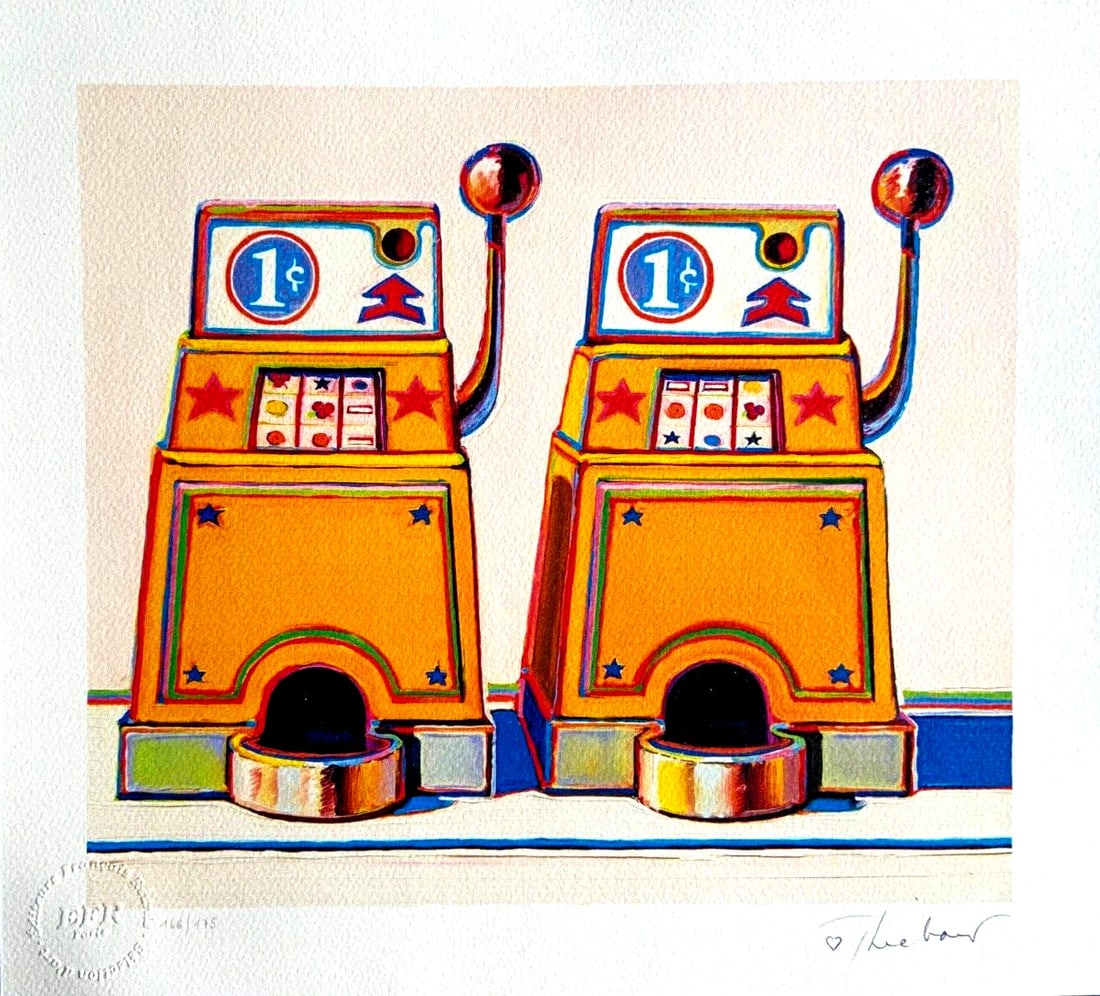 Numbered Wayne Thiebaud Lithograph Op: Numbered Wayne Thiebaud Lithograph Op A rare opportunity to own a numbered lithograph by renowned American artist Wayne Thiebaud, created in 1986 and signed by the artist himself. This limited edition