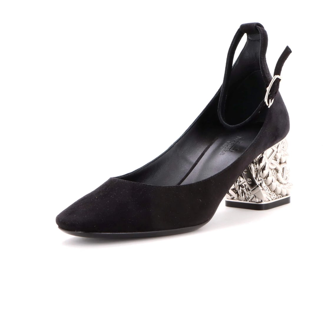 Suede Hermes Women's Glam Heeled Mary Janes: Suede Hermes Women's Glam Heeled Mary Janes Elevate your shoe game with the iconic Suede Hermes Women's Glam Heeled Mary Janes, boasting sleek black suede exterior and luxurious leather interior. The