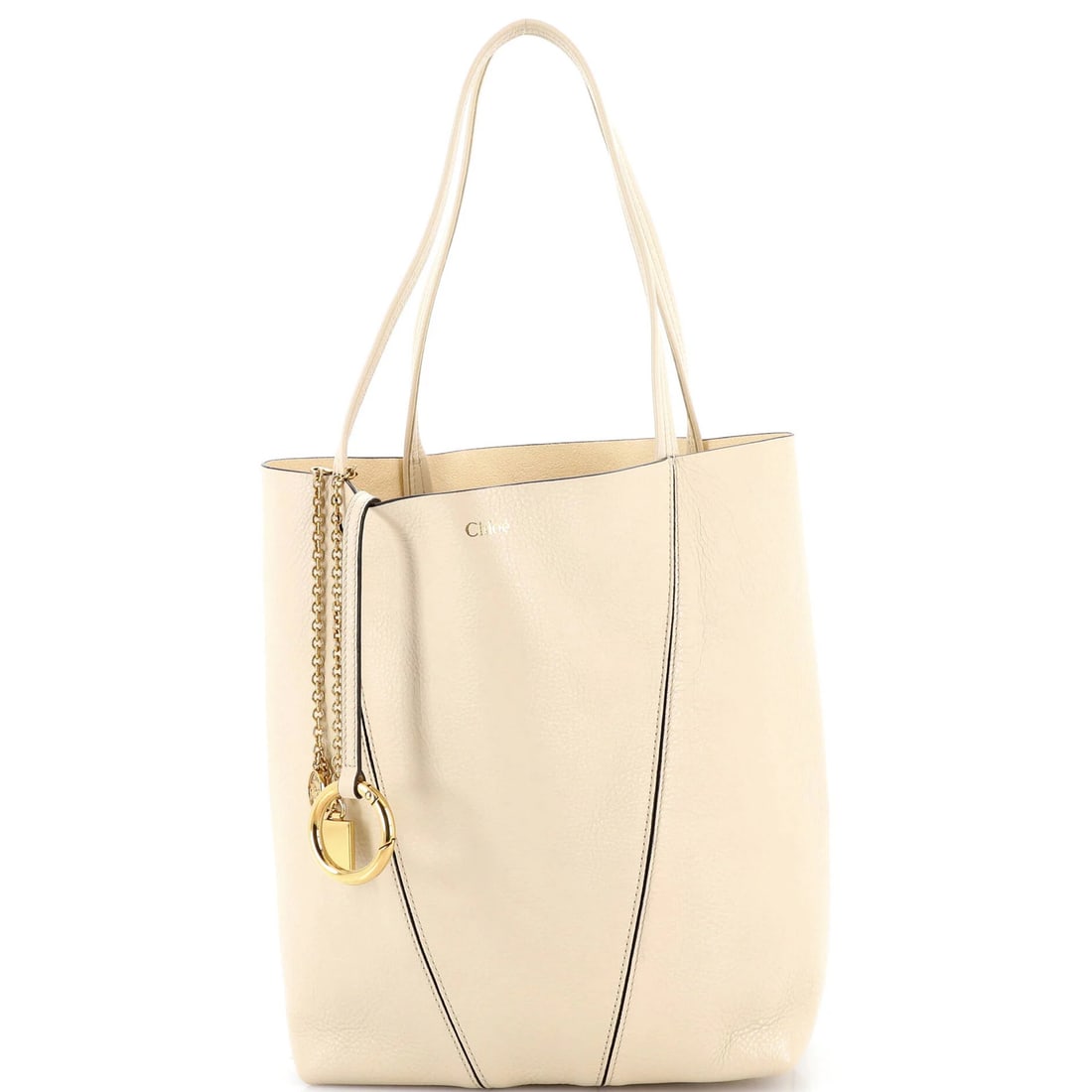 Chloe Medium Leather Spin Tote: Chloe Medium Leather Spin Tote The Chloe Medium Leather Spin Tote is a timeless, neutral-toned classic that exudes effortless elegance. With its spacious interior and sturdy leather construction, this