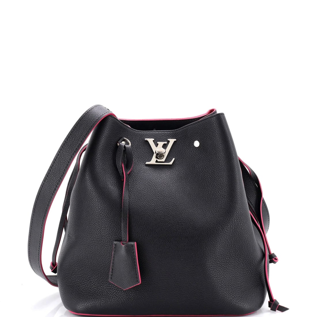 Louis Vuitton Lockme Bucket Bag in Leather: Louis Vuitton Lockme Bucket Bag in Leather A sleek and sophisticated Louis Vuitton Lockme Bucket Bag in black leather, boasting the iconic monogram pattern and signature silver hardware. With its spac