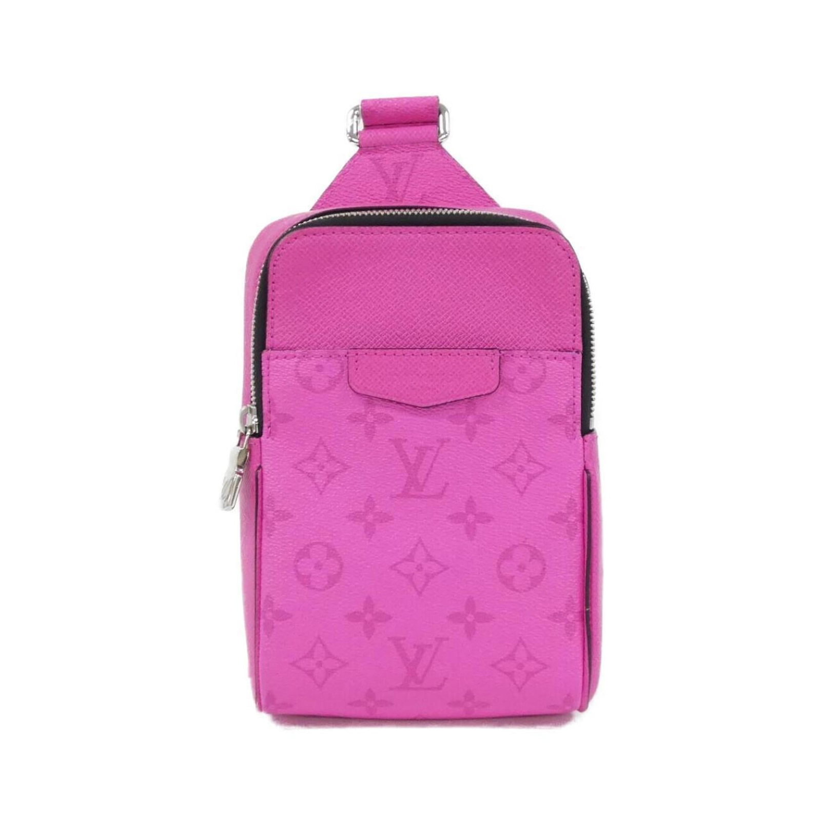 Louis Vuitton Sling Bag in Coated Canvas and Leather: Louis Vuitton Sling Bag in Coated Canvas and Leather Elevate your style with the iconic Louis Vuitton sling bag, crafted from durable coated canvas and supple calf leather in a vibrant fuchsia hue. Th