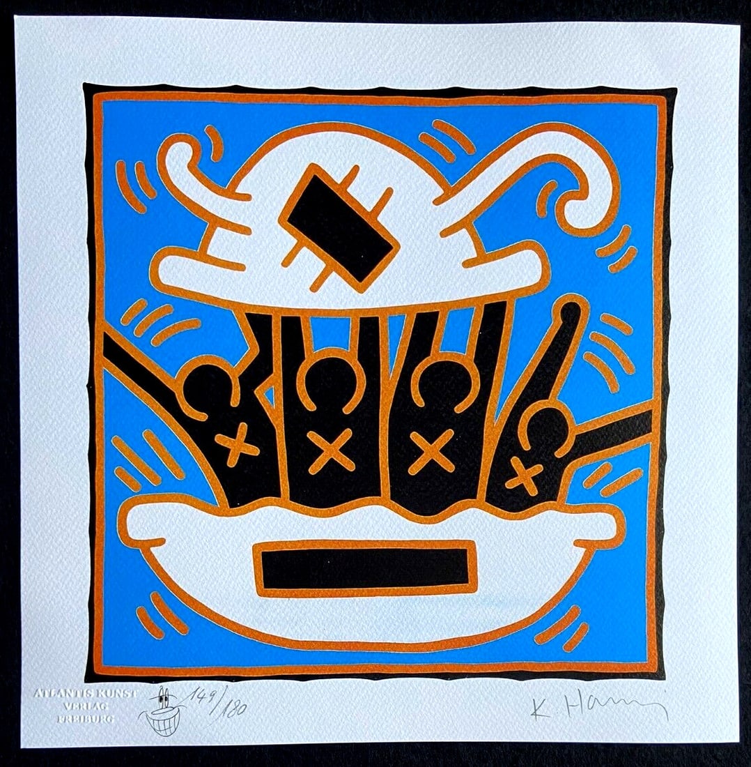 Keith Haring Lithograph with Numbered Stamp: Keith Haring Lithograph with Numbered Stamp A rare and iconic print from the 1980s, this Keith Haring lithograph is a vibrant representation of his signature style. Numbered by the publisher, Atlantis