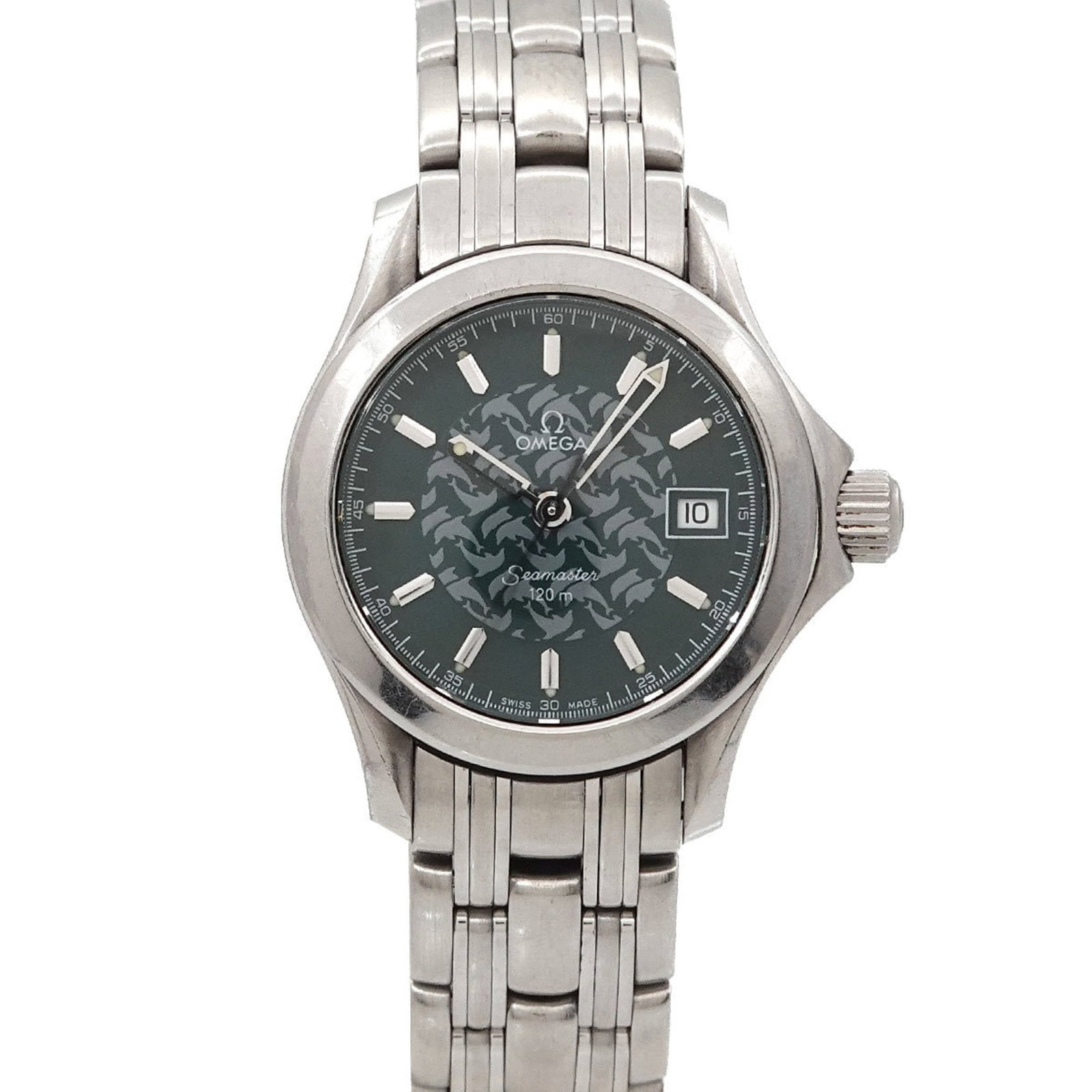 Wristwatch Omega: Wristwatch Omega A beautiful, pre-owned Omega wristwatch boasts a sleek stainless steel case and band, complemented by a stunning green dial that adds a touch of elegance to any outfit. With its 26mm